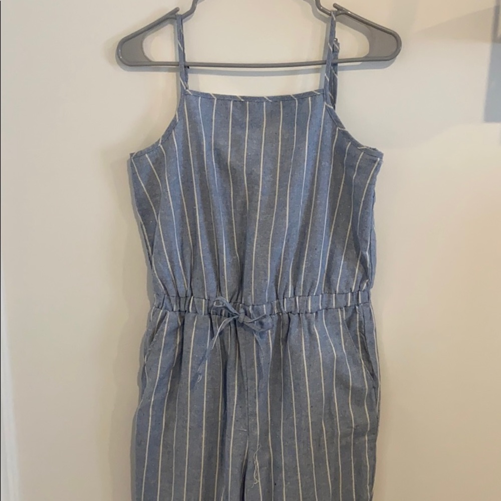 blue and white striped jumpsuit
